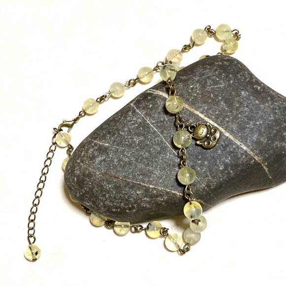 Natural Yellow Green Prehnite Necklace, Bronze Fortune Cat + Genuine Gemstone - Picture 13 of 16